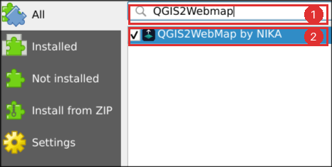 The plugin manager with QGIS2WebMap typed into the search box and the QGIS2WebMap by NIKA result highlighted.