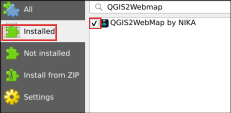 The plugin manager's Installed tab, with the QGIS2WebMap row and its ticked checkbox highlighted.